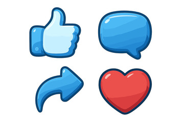 3D Social Media Icon Set, Thumbs Up, Comment Bubble, Share Arrow, Red Heart, Blue Cartoon Vector Illustration, Isolated Transparent Background, Communication, Feedback, Like, Digital Symbols