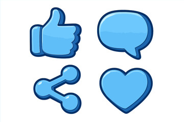 Obraz premium Blue 3D Social Media Icon Set – Cartoon Thumbs Up, Comment Bubble, Share Symbol, Heart Like, Digital Network Communication Buttons, Isolated Vector Clipart with Transparent Background