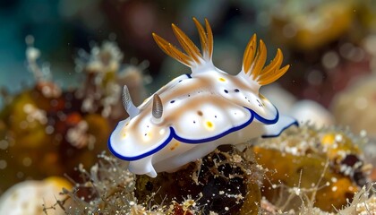 Chromodoris nudibranch with white, blue, brown, and yellow markings, atop a coral structure