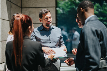 Team of business people having a discussion outside a modern building, reviewing project documents. The group features a diverse mix of colleagues collaborating in a dynamic and professional setting.