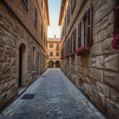 Obraz premium Rustic narrow alley in a historic town, afternoon light and authentic architecture.