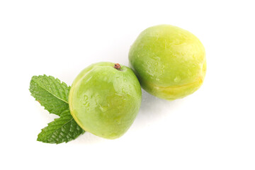 Fresh Green Plums with Mint Leaves from Xinjiang Aksu Region China on White Background