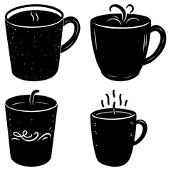 Obraz premium Four black and white stylized mugs with steam and decorative elements in a vector illustration