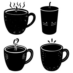Obraz premium Illustration of four black and white coffee cups and a beverage container with steam and simple designs