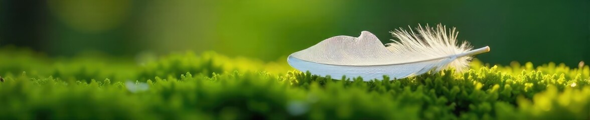 Delicate White Feather Resting on Green Moss Symbol of Hope and New Beginnings