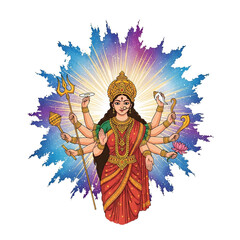 Fototapeta premium Hindu goddess durga with multiple arms and radiant aura isolated on transparent background