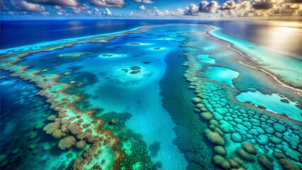 Vibrant Coral Reefs and Shallow Turquoise Lagoon from Above.