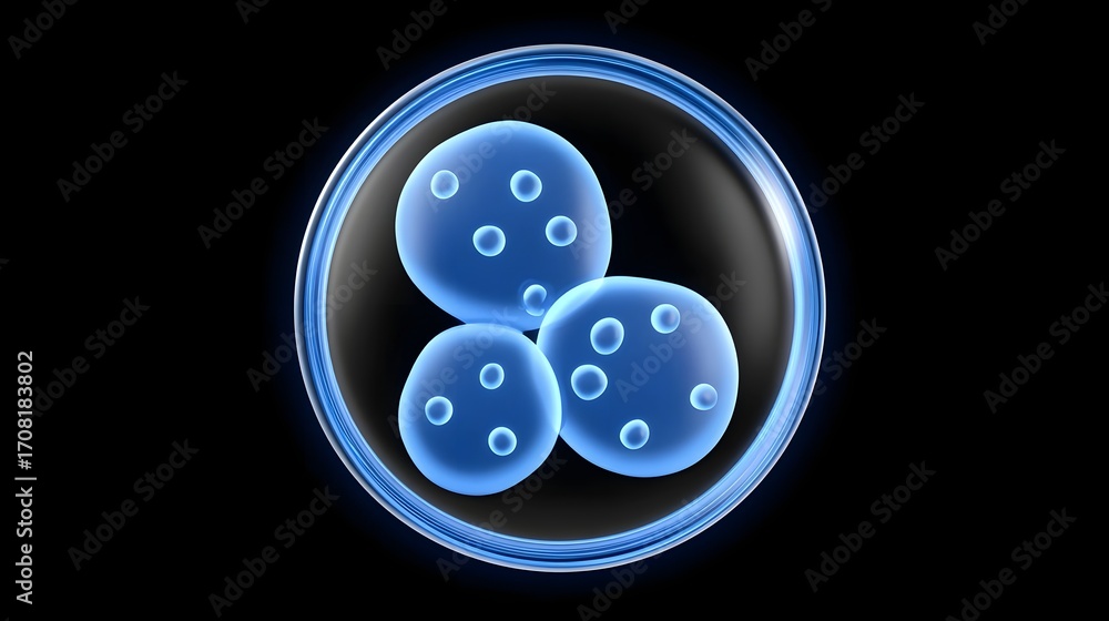 Poster a digital rendering showcasing a close-up, abstract view of transparent, spherical cells or microorg
