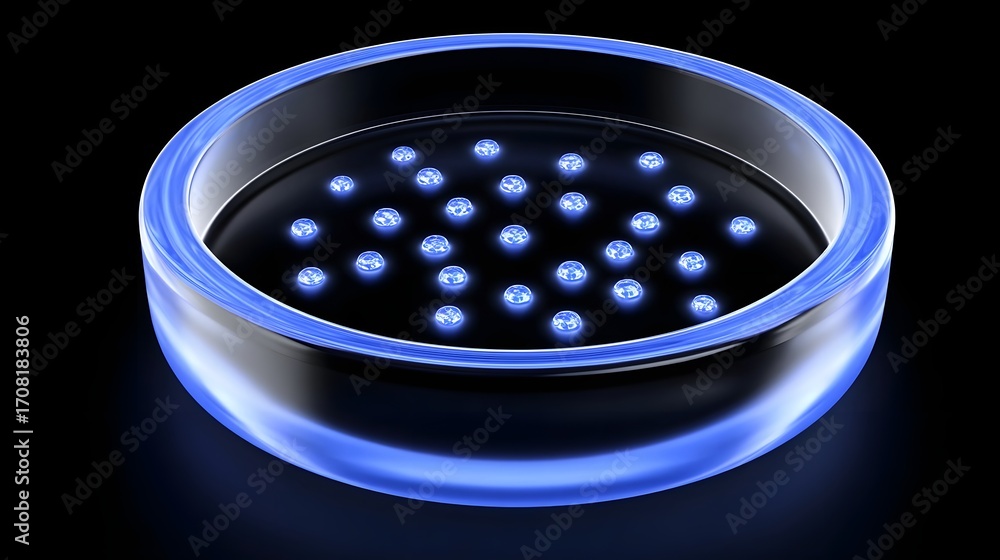 Poster a sleek, modern glass bowl filled with a mesmerizing display of softly glowing circular lights, crea