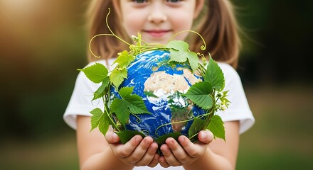 A young girl holding a miniature globe covered in lush green foliage, symbolizing environmental protection. The girl's smile reflects the care for earth