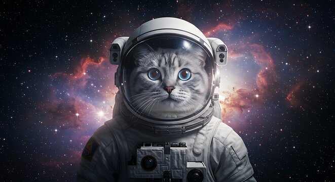 A cat astronaut with blue eyes wearing a spacesuit against a nebula background in outer space view