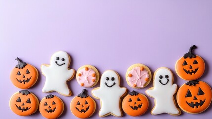Obraz premium A delightful assortment of playful Halloween cookies featuring smiling ghost and pumpkin designs, perfect for festive celebrations or treat tables during the spooky season.