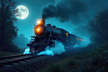 A spectral locomotive glides through a moonlit landscape, its ethereal glow illuminating the tracks A mysterious and haunting scene perfect for Halloween or fantasy themes , moonlit, vapor, horror