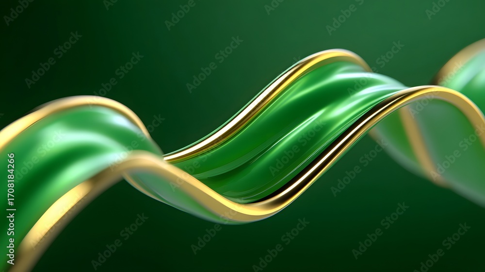 Poster an elegant, dynamic abstract design featuring flowing green and golden metallic swirls and curves.