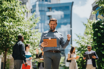 A group of business coworkers collaborating and working on devices in an outdoor urban setting.