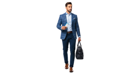 A confident businessman in a stylish blue suit walking purposefully while carrying a travel bag and passport, symbolizing modern business travel and professionalism