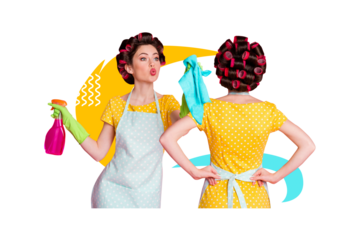 Creative trend collage of funny young housewife retro cleaning house have fun freak bizarre unusual fantasy
