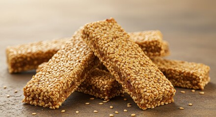 Crunchy Sesame Snack Bars on Wooden Surface with Soft Focus Background Ideal for Healthy Eating