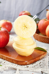 Fresh Red Gala Apples from Xinjiang Aksu Region Sliced on Wooden Board - Fuji Apple Variety Organic Fruit