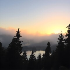 A breathtaking sunrise over a misty mountain lake, with pine trees in the foreground.