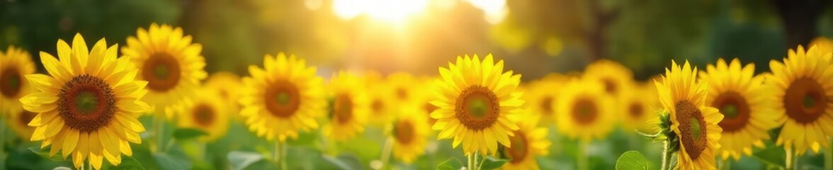 Obraz premium A vibrant field of sunflowers swaying gently in a sunny park, their bright yellow faces turned towards the sun Perfect for summer, nature, and happiness themes , yellow, peace, petals