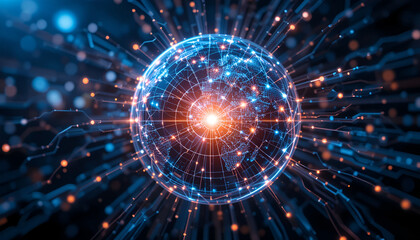 Abstract glowing sphere with network connections on dark blue background