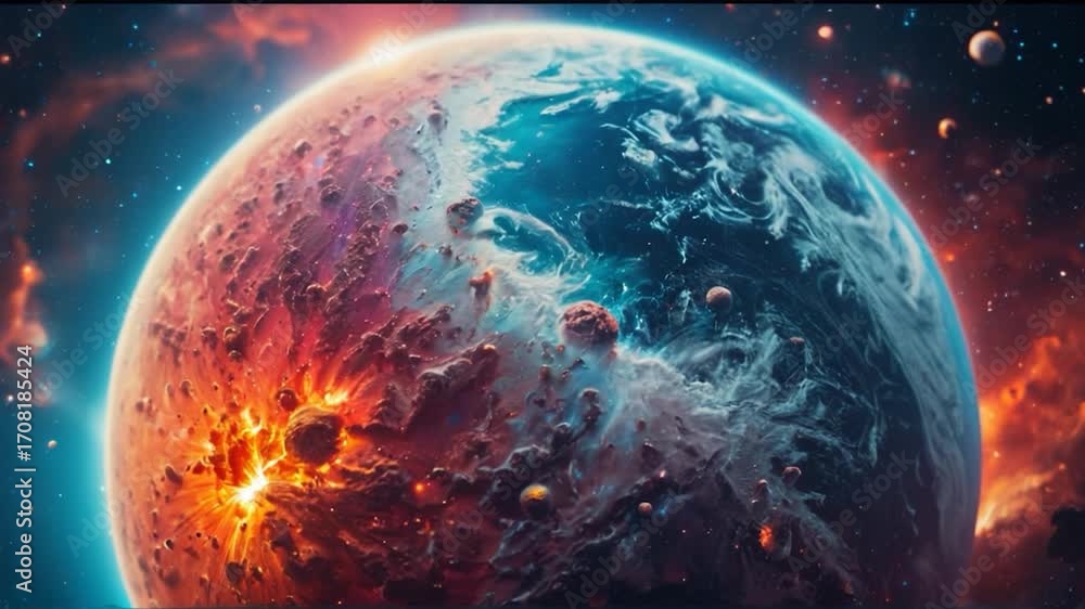 Poster a planet floating in the vastness of space with stars and galaxies in the background