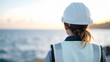 Back view of maritime worker with hard hat and safety vest on the ship's deck