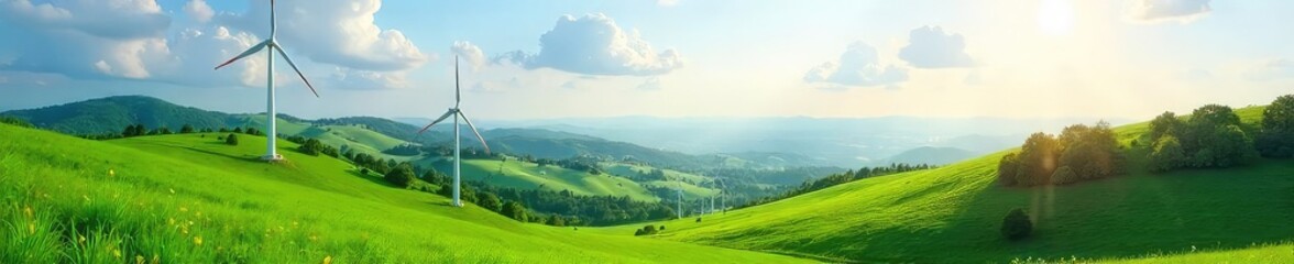 Stunning panoramic view of a lush green landscape with wind turbines and solar panels, symbolizing sustainable energy and environmental conservation , wind farm, environmental protection, panorama