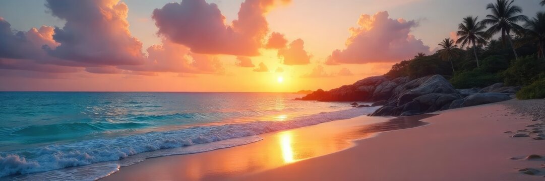 Stunning high-resolution image of a pristine beach at sunset Perfect for travel, vacation, and summer-themed projects Ideal as a background or website header , sand texture, seashore