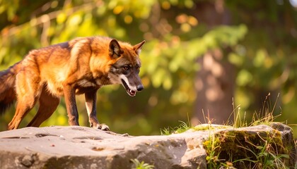 Red wolf on a rock, autumn forest
