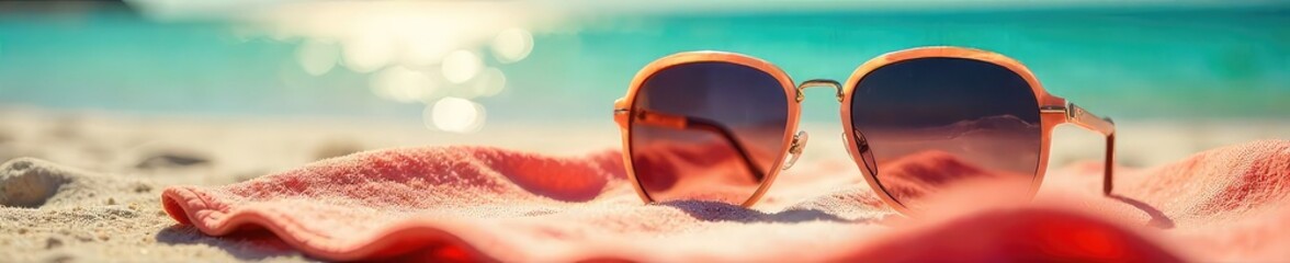 Stylish sunglasses resting on a beach towel, reflecting sunlight Perfect for summer, fashion, travel, and vacation themes Enjoy the vibrant colors and carefree vibes , ocean, sunny, uv