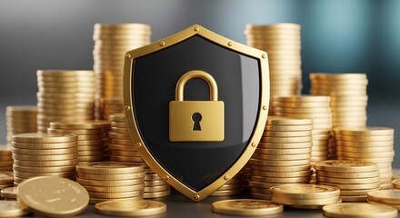 Financial Security Shield Lock Protecting Stacked Coins, Safeguarding Investments and Savings