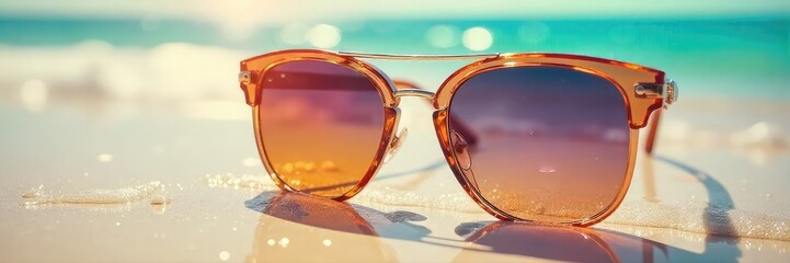 Stylish sunglasses resting on a vibrant summer beach scene, reflecting sunlight and ocean  Perfect for travel, vacation, and summer fashion themes  Enjoy the carefree vibe!,  sun,  sea