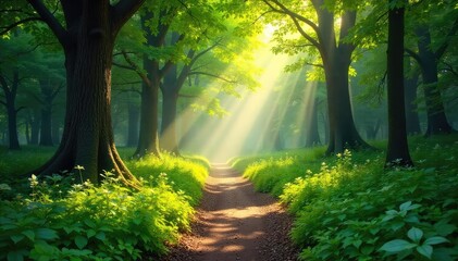 Obraz premium Sun-dappled forest path meanders through lush greenery, sunlight filtering through leaves, creating a magical atmosphere Perfect for nature, travel, and fantasy themes , summer, nature