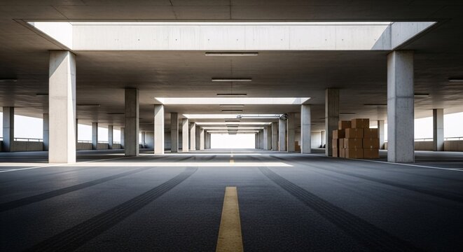 Symmetrical Architecture A Modern Concrete Parking Garage Perspective with a Yellow Line Guide