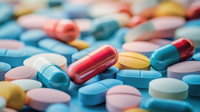 A colorful assortment of pills and capsules on a blue background.