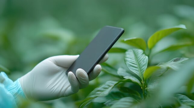 A person is holding a cell phone in a green field