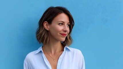 Fototapeta premium Portrait of a fashionable, confident young woman with a warm, inviting smile standing against a bright blue background in a simple, elegant pose.