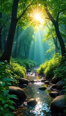 Obraz premium Sun-drenched forest clearing, vibrant green foliage, crystal-clear stream meandering through lush undergrowth A hidden paradise awaits discovery amidst nature's beauty , stream, fauna, peace