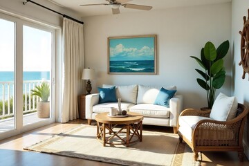 Fototapeta premium Sun-Drenched Coastal Living Room Nautical Decor, Summer Vacation Rental Interior