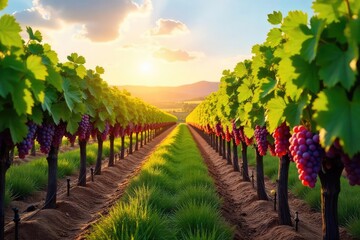 Naklejka premium Sun-drenched rows of grapevines stretching to the horizon, ripe bunches of grapes hanging heavy on the vines, a picturesque vineyard landscape at harvest time , rural, farmland, green