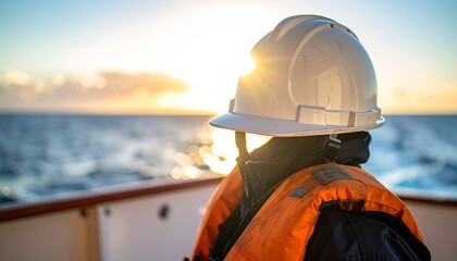 Maritime worker watching vibrant ocean sunset in safety gear on deck with sun reflecting on water