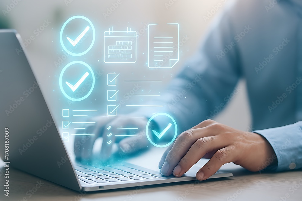 Poster businessman working on laptop with digital checklist and document approval icons floating above scre