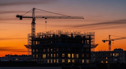 Obraz premium Silhouette of a Building Under Construction at Sunset