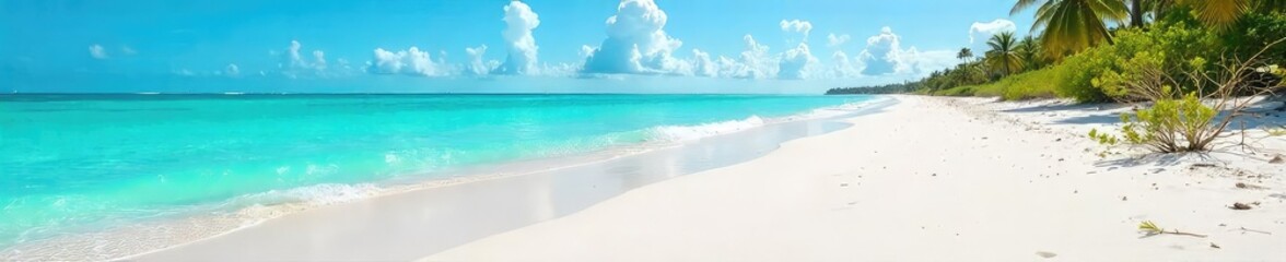 Fototapeta premium Sun-drenched white sand beach in Florida, turquoise water gently lapping the shore, a perfect sunny day paradise Ideal for travel, vacation, and tourism promotions , carefree, tropical, coast