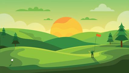 Obraz premium Lush green golf course sunrise serenity dewdrops peaceful morning landscape vector