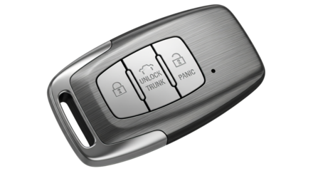 Modern metallic car key fob for remote vehicle access, featuring buttons for locking, unlocking, trunk release, and panic alarm, ensuring convenience and security