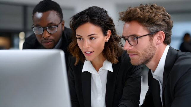 A group of diverse business professionals working together on a project, discussing ideas and strategies on a laptop computer during a corporate office meeting. - Powered by Adobe