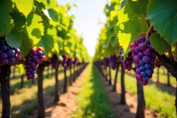 Naklejka premium Sunlight dapples rows of ripening grapes hanging heavy on the vine in a picturesque vineyard, ready for harvest The idyllic scene showcases the beauty of wine production , organic, fruit, outdoor